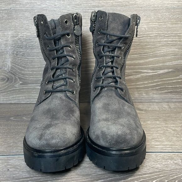 Moncler Viviane Dark Gray Suede Women’s Sz 8/EU 38 Double Zip Heeled Combat Boot - Picture 2 of 13